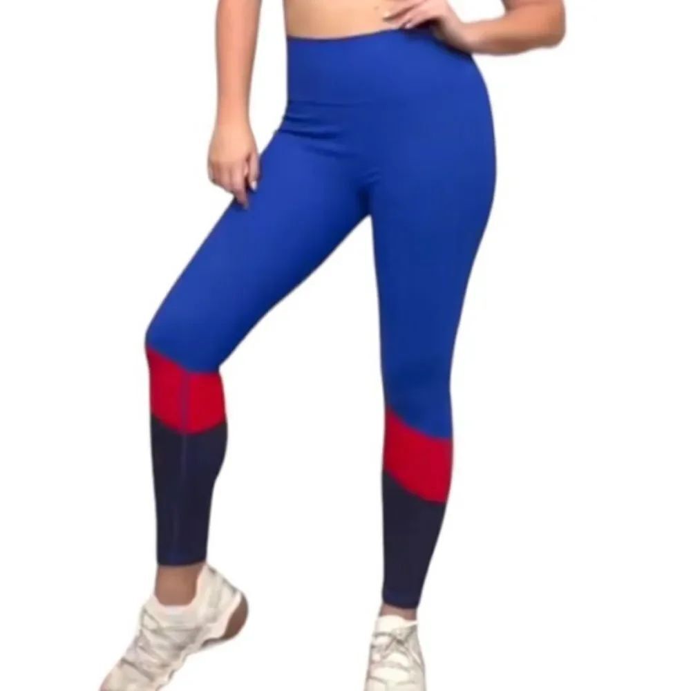 Anthro Wilo Ribbed Leggings Activewear Gym Fit Cobalt/Red Size Medium